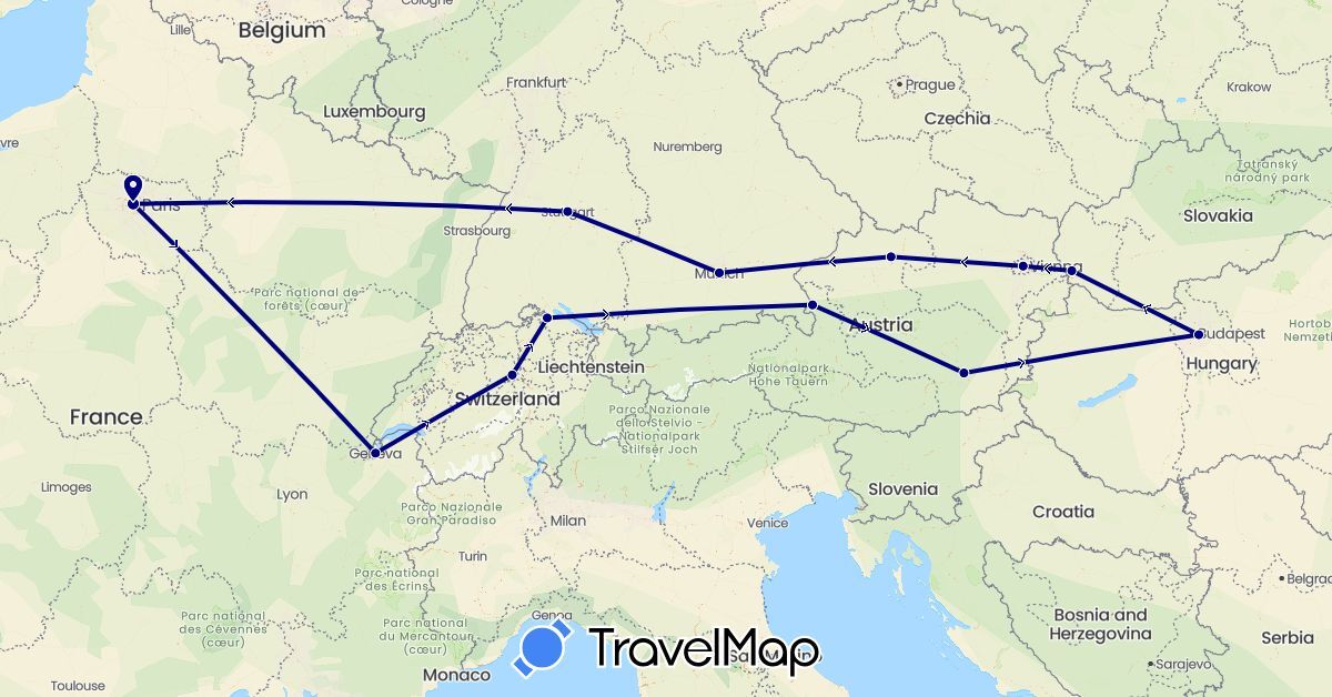 TravelMap itinerary: driving in Austria, Switzerland, Germany, France, Hungary, Slovakia (Europe)