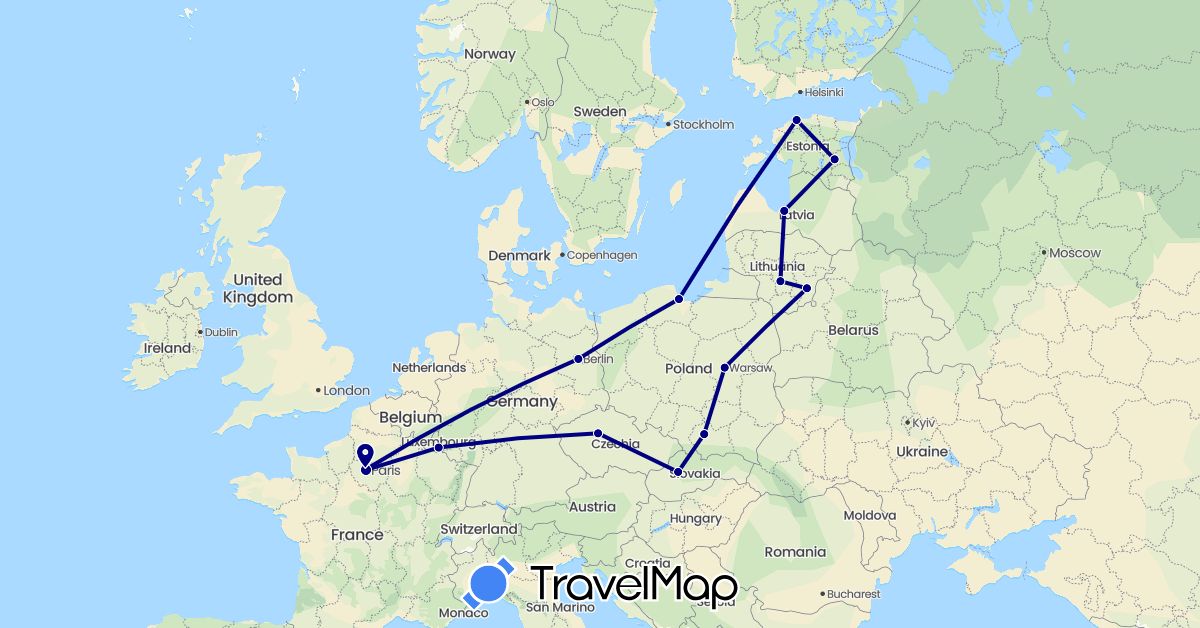 TravelMap itinerary: driving in Czech Republic, Germany, Estonia, France, Lithuania, Luxembourg, Latvia, Poland, Slovakia (Europe)